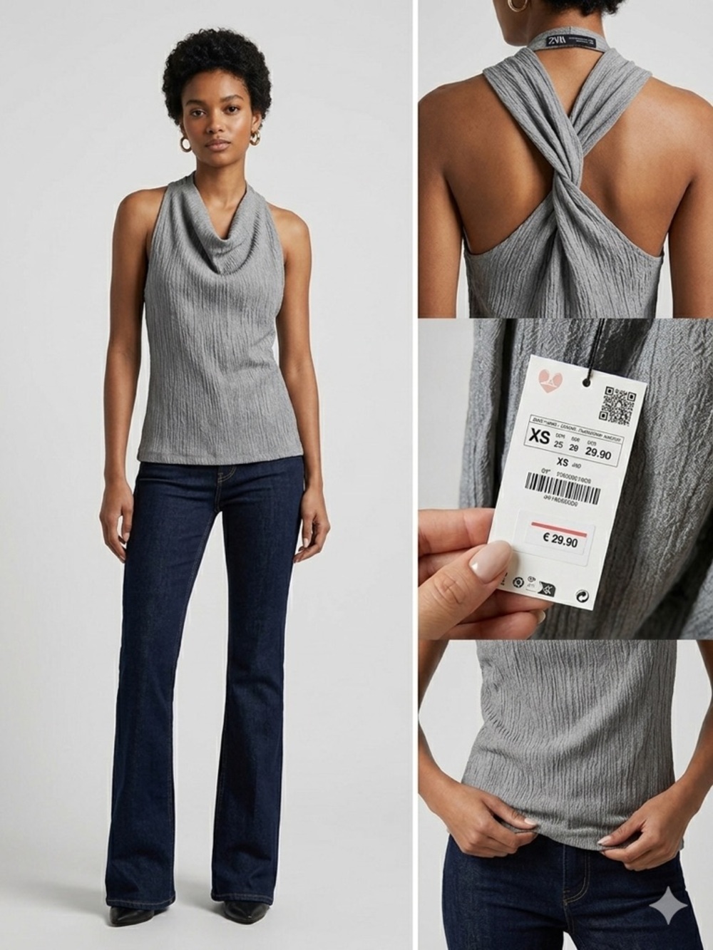 Zara Metallic Silver Textured Draped Top